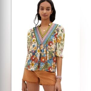 No Label Floral V-Neck Boho Blouse Embroidered V Neckline size small #1005